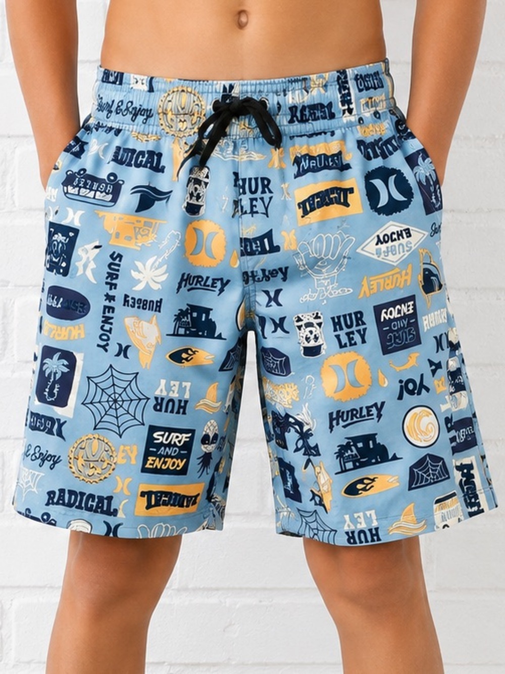 Hurley Boys Swim Trunks 7/8 Blue Board Shorts Surf Graphic Print NWT
